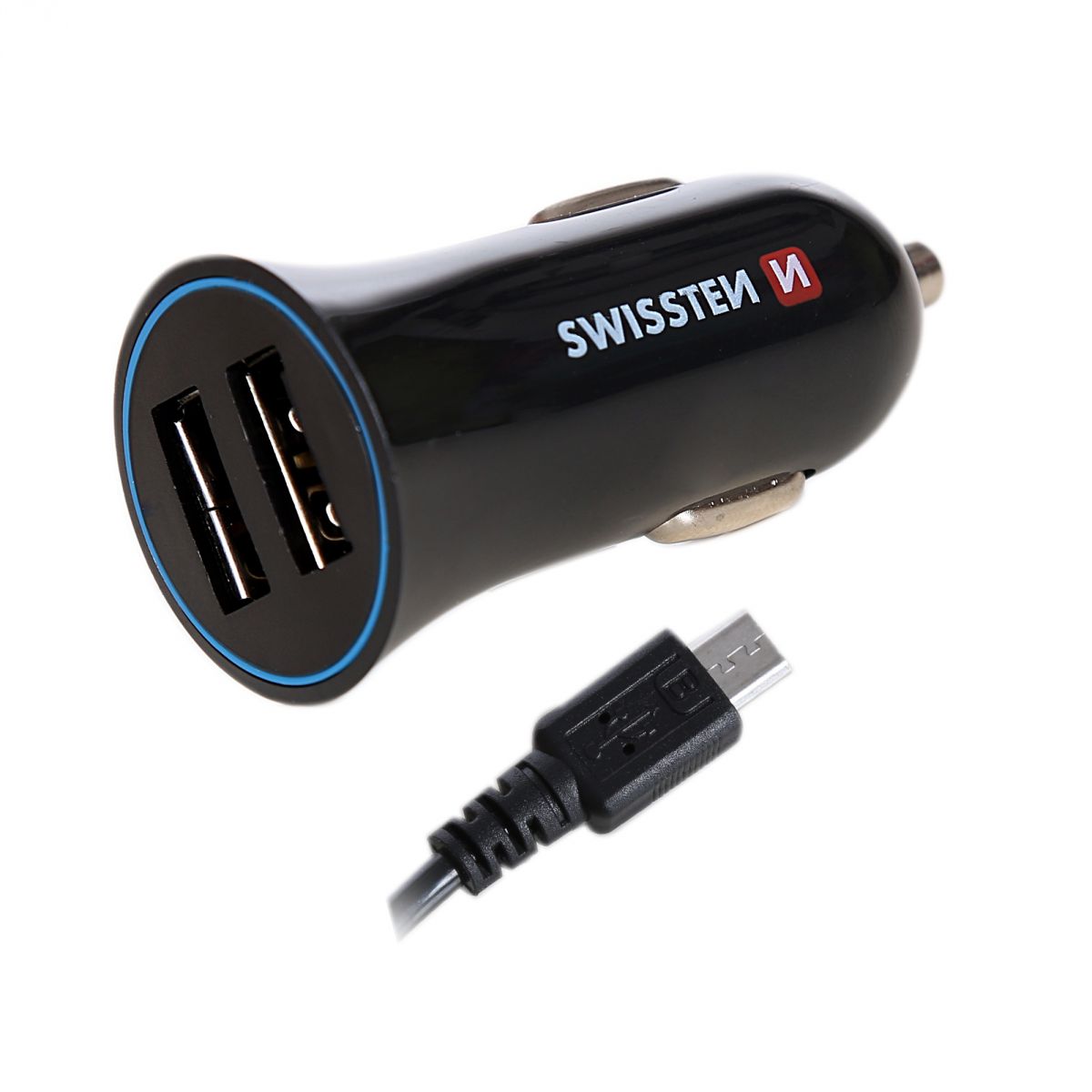 Zástrčka SWISSTEN s 2x USB výstupem 2,4 A, 12V, 24V s kabelem micro USB, 44056