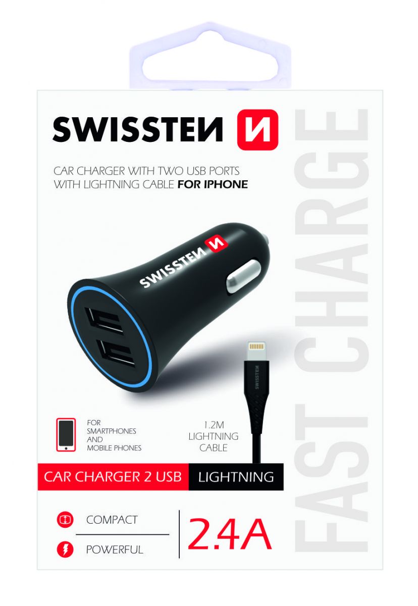 Zástrčka SWISSTEN s 2x USB výstupem 2,4A, 12/24V s kabelem lightning (iPhone), 46751